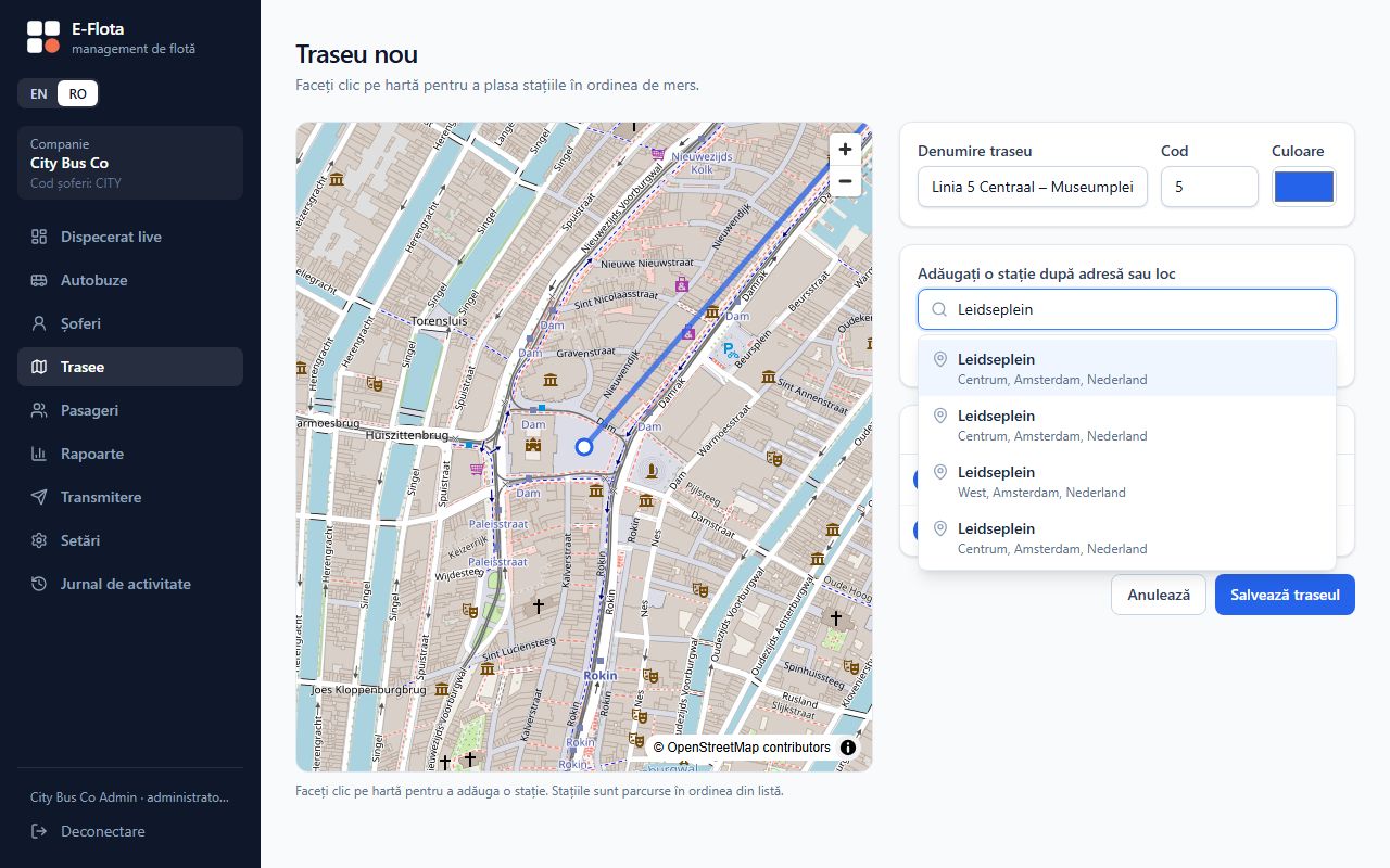 Editorul de trasee adăugând o stație prin tastarea unei adrese