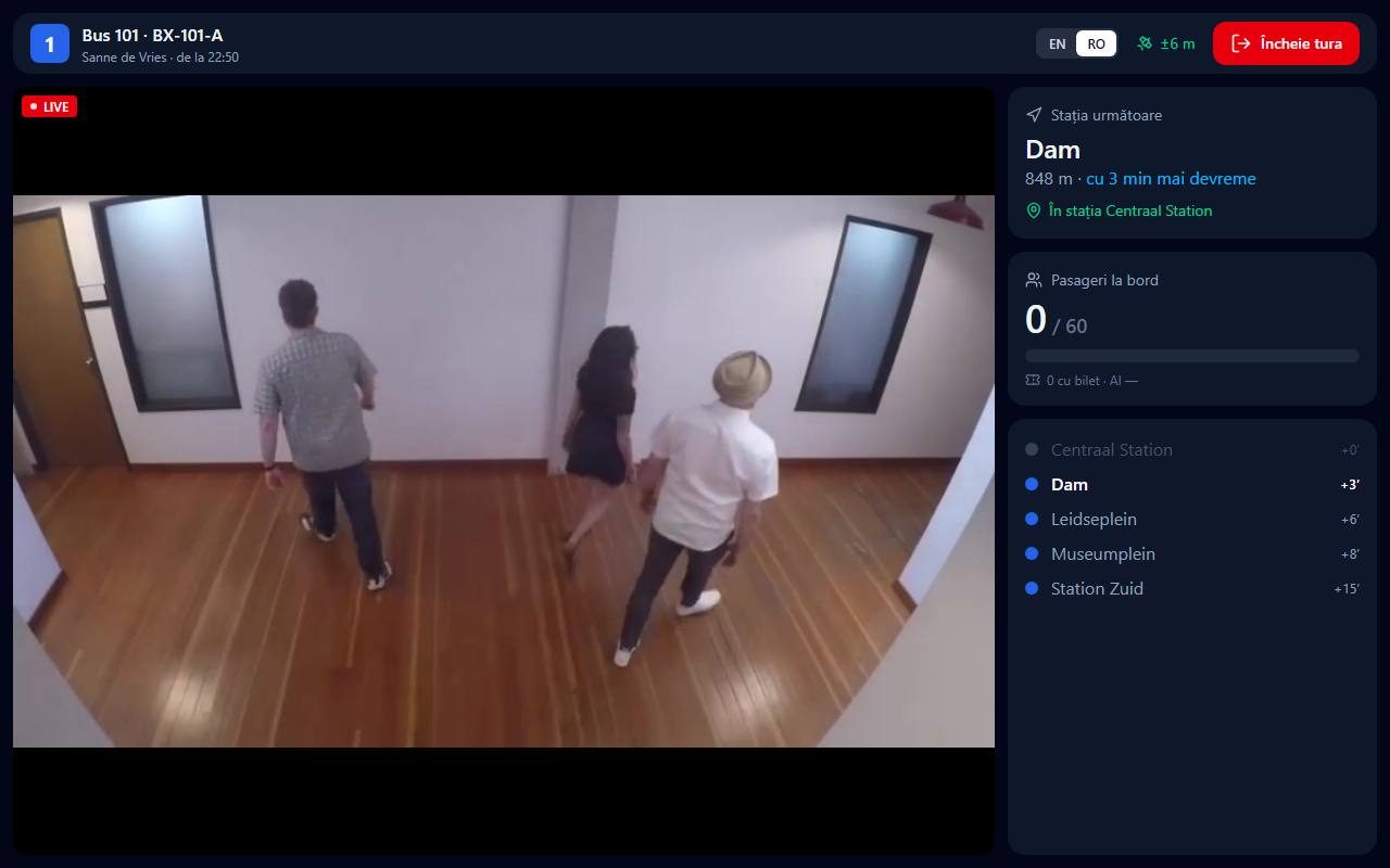 Tableta șoferului în timpul turei, cu camera live, stația următoare și pasagerii la bord